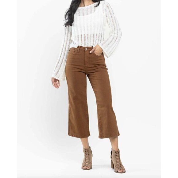 Judy Blue High Waisted Control Top Wide Cropped Jeans Camel - Picture 2 of 7